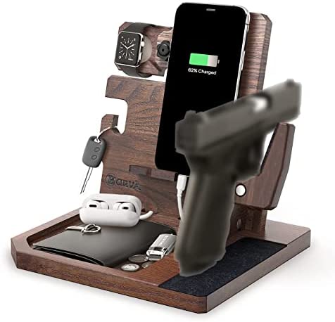 Barva Adaptive Wood Gun Rack Phone Wallet Docking Station Military Watch Night Stand Key Holder Side Table Charging Station Self Defense Desk Organizer Tray Tactical Gear Men Accessories Bedside Caddy