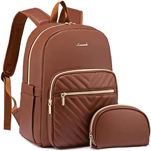 LOVEVOOK Backpack Purse for Women Ladies Backpack Leather Fashion Backpacks Cute Travel Backpack Waterproof,with plenty of compartments include 14 inch laptop pocket， 2pcs Sets ,Brown