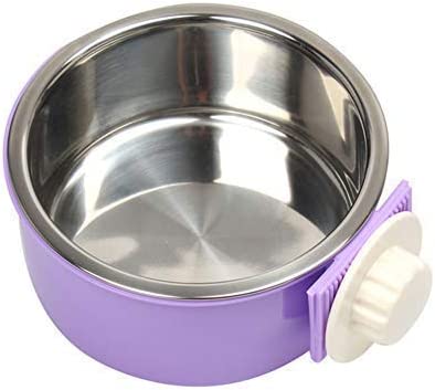 RUBYHOME Dog Bowl Feeder Pet Puppy Food Water Bowl, 2-in-1 Plastic Bowl & Stainless Steel Bowl, Removable Hanging Cat Rabbit Bird Food Basin Dish Perfect for Crates & Cages, Purple