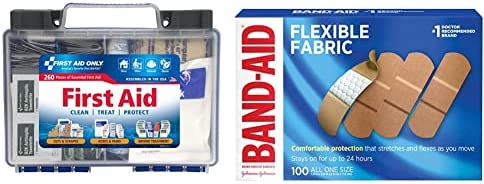First Aid Only 260 Piece All-Purpose First Aid Kit, OSHA Compliant & Band-Aid Brand Flexible Fabric Adhesive Bandages for Wound Care and First Aid, All One Size, 100 Count