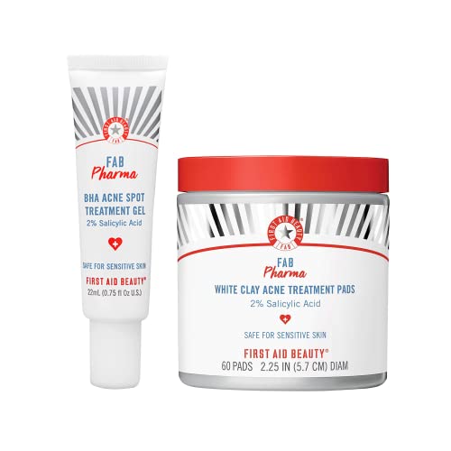 First Aid Beauty Acne Bundle: FAB Pharma BHA Acne Spot Treatment Gel with 2% Salicylic Acid – 0.75 oz – and White Clay Acne Treatment Pads with 2% Salicylic Acid – 60 Pads