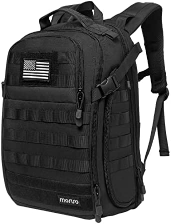 MOSISO Tactical Backpack, 2-Layer Military Daypack 3 Day Assault Pack Rucksack Outdoor Hiking Hunting Camping Training Travel Shoulder Bag with Trolley Belt & USA Flag Patch, Black