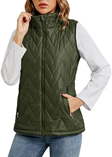 Rapbin Quilted Vests for Women Padded Lightweight Gilet Jacket Stand Collar Zip up Vest Outerwear with Pockets