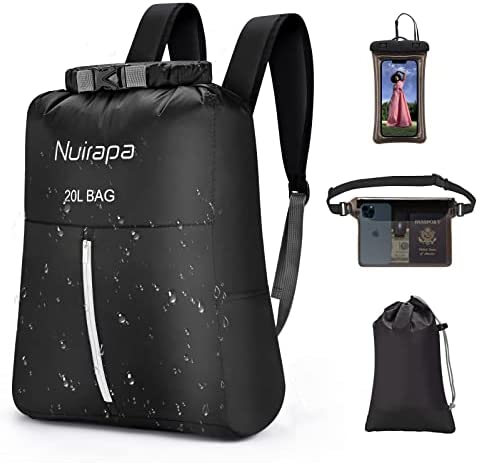 Nuirapa 20L dry bag for kayaking waterproof backpack, Lightweight Floating Pack with Fanny Pack and Phone Case for Kayaking, Swimming Bag, Beach, Boating, Sailing, for Men Women Kids Black