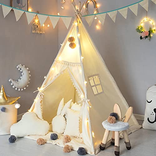 TreeBud Kids Teepee Tent with Padded Mat, Banner, Fairy Lights, Yarn Ball, Carry Bag, Beige Cotton Canvas Play Tent for Child with Tassels Lace, Play House Tipi for Kids Room Decor