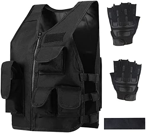 Kids Outdoor Tactical Vest, Greenbean Children’s Combat Vest Adjustable Breathable Vest with Kids Half Finger Short Gloves for Tactical Training Games and Other Sports
