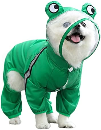 SEIS Dog Raincoat Hooded Dinosaur Pet Rain Wear Waterproof Frog Pet Poncho Light Breathable Dogs Suit Reflective Strap Pet Outfit for Small Medium Large Dogs (L (Back Length 35cm/7.9″), Green Frog)