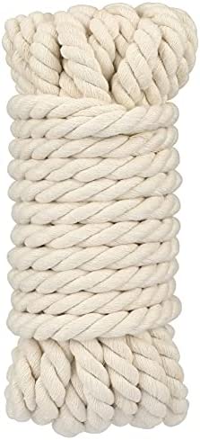 32 ft Natural White Rope,3/5 inch Cotton Rope,3Ply Soft Rope Cord,Craft Rope Thick Cotton Twisted Cord Tie-Down Ropes for Pet Toys,Macramé,Knotting,Crafts Packing (14mm)
