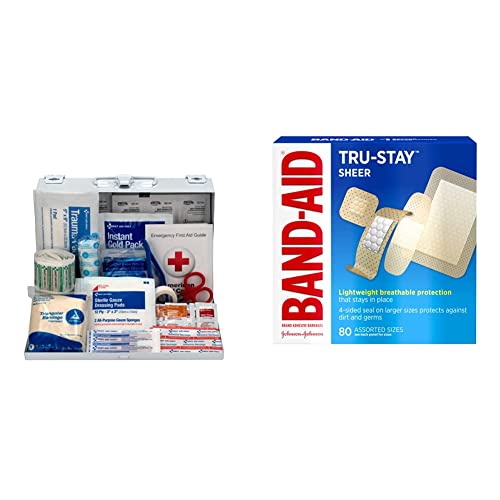 First Aid Only 178 Piece Contractor’s First Aid Kit (9302-25M) & Band-Aid Brand Tru-Stay Sheer Strips Adhesive Bandages for First Aid and Wound Care, Assorted Sizes, 80 ct
