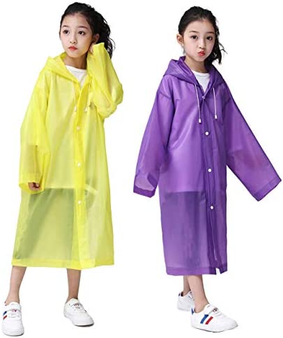 Kids Raincoat Rain Poncho (2 Pack ), Reusable EVA Clear Lightweight Portable Rain Coats Jackets for Toddler Boys Girls