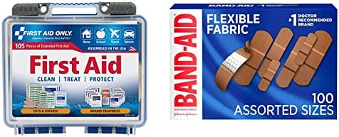 First Aid Only 105 Piece On-The-Go First Aid Kit & Band Aid Brand Flexible Fabric Adhesive Bandages for Wound Care & First Aid, Assorted Sizes, 100 Ct, Beige