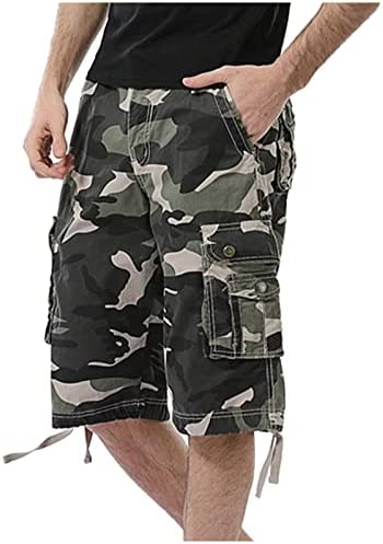 FAHXNVB Men’s Camo Cargo Shorts Outdoor Hiking Shorts Elastic Waist Tactical Shorts Hip Hop Shorts with Multi Pockets