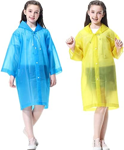 NEOYARDE Raincoat for Kids (2 Pack), EVA Children Rain Coats Reusable Rain Gear Jackets Ponchos for 6-13 Years Boys and Girls