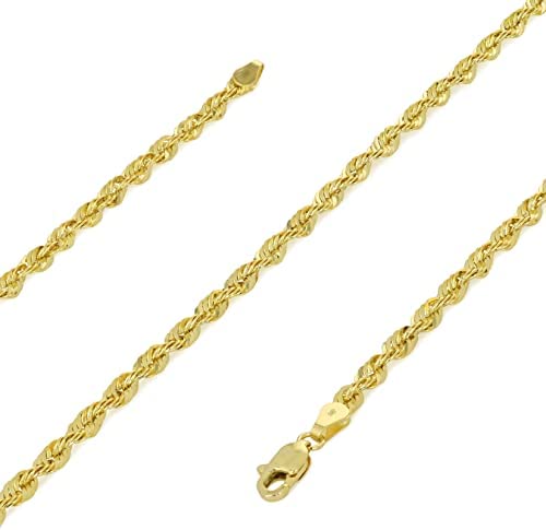 Nuragold 14k Yellow Gold 3mm Rope Chain Diamond Cut Italian Pendant Necklace, Mens Womens Lobster Clasp 16" 18" 20" 22" 24" 26" 28" 30"