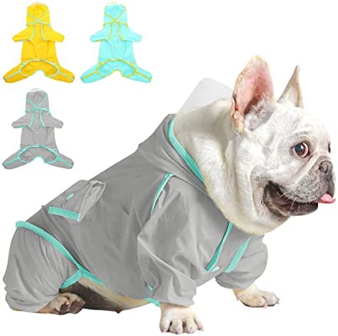 SUNFURA Dog Raincoat with Clear Hood, Waterproof Bulldog Poncho Rain Jacket with Full Body Coverage, Dog Hooded Rainwear Lightweight Slicker for Small Medium Large Dogs, Grey XXL