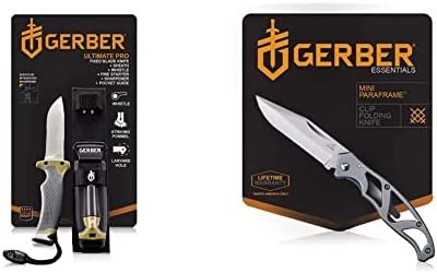 Gerber Gear Ultimate Knife, Tactical Knife with Fire Starter, Sharpener, and Knife Sheath, 4.75” Blade (31-003941) & 22-48485 Paraframe Mini Pocket Knife, 2.2 Inch Fine Edge Blade, Stainless Steel