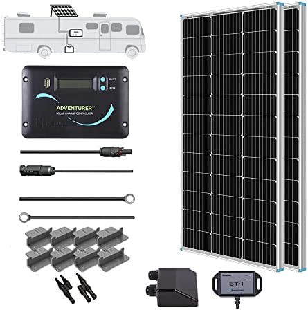 Renogy 200 Watts 12 Volts Monocrystalline RV Solar Panel Kit with Adventurer 30A LCD PWM Charge Controller and Mounting Brackets for RV, Boats, Trailer, Camper, Marine, Off-Grid Solar Power System