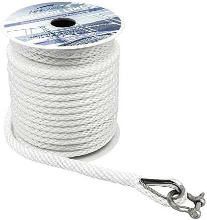 Young Marine Premium Solid Braid MFP Anchor Line Braided Anchor Rope/Line 3/8 Inch 100FT with Stainless Steel Thimble & Shackle (3/8″ x 100′, White)