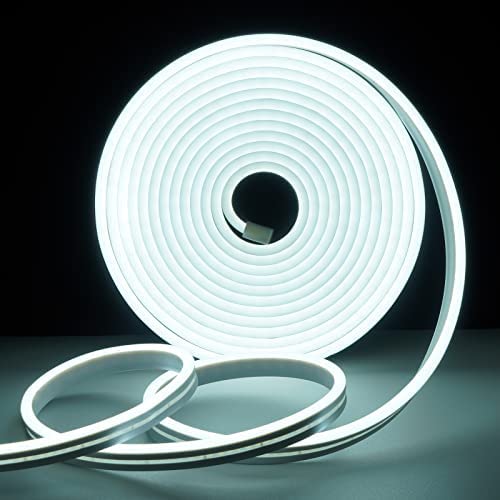 Glattever 16.4ft/5m White Neon LED Strip Lights 12V 600 LEDs Light Strip Silicone Waterproof LED Rope Lights Flexible Cuttable LED Lights for Indoors Outdoors DIY Decor (Power Adapter Included)