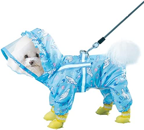 Mitili Cute Puppy Dog Raincoat Four-Legged Waterproof All-Inclusive with Hat,Waterproof Rain Jacket with Night Reflective Strip Small Medium Dogs Pet Poncho Clothes (L(Back Length:13-14.5″), Blue)