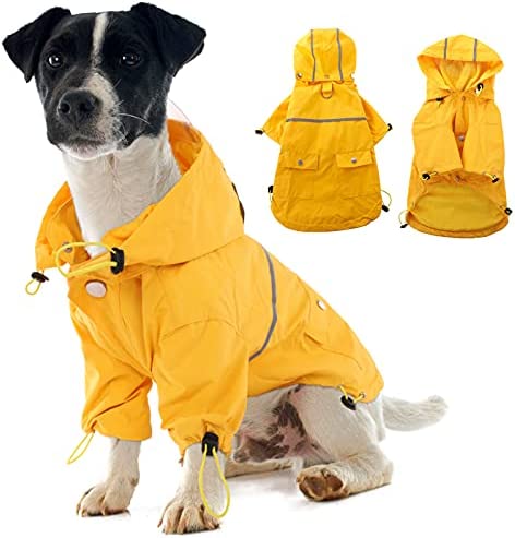 Dog Raincoat, Hooded Waterproof Pet Poncho, Adjustable Dog Rain Jacket Slicker with Harness Hole for Small Medium Large Dogs, Reflective Dog Outfit Apparel Puppies Outdoor Clothes in Rainy Day