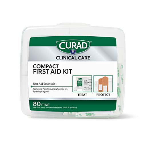 Curad Compact First Aid Kit with Over-The-Counter Medicine,All Purpose,Flex-Fabric and Butterfly Bandages,Antibiotic Ointment,Cleansing Towelettes,Alcohol Prep Pads,Acetaminophen,Carry Case, 80 Count