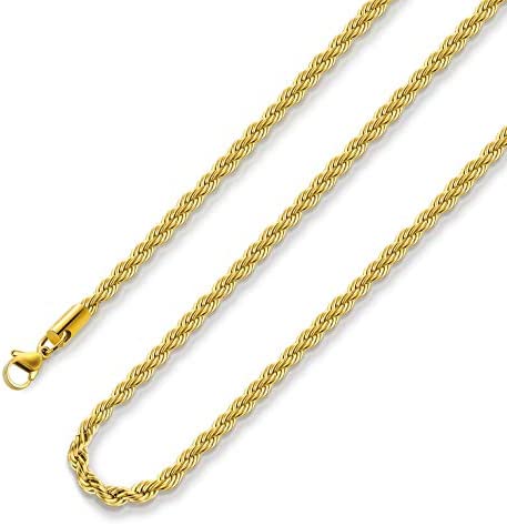18k Real Gold Plated Rope Chain 2.5mm 5mm Stainless Steel Twist Chain Necklace for Men Women 16 Inches 36 Inches