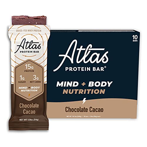 Atlas Mind + Body Keto Protein Bar – Chocolate Cacao Keto Bars – Low Carb Protein Bars – High Fiber Bars – Low Sugar Meal Replacement Bars – Organic Ashwagandha (10 Count, Pack of 2)