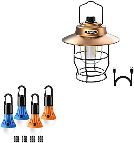 Bundle – 2 Items: Lepro Vintage Rechargeable LED Camping Lantern & Lepro LED Camping Lantern Hanging Tent Light Bulbs with Clip Hook