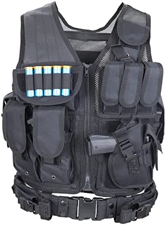 ACTJ.M Tactical Combat Vest with Holster for Adult Airsoft Training Black Lightweight 600D Polyester