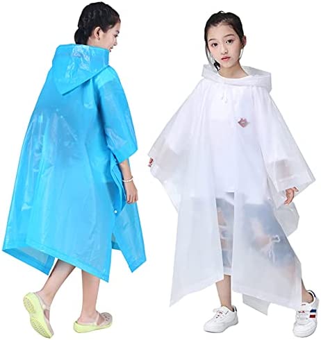 HLKZONE Rain Poncho for Kids, [2 Pack] EVA Kids Raincoat Reusable Rain Coat Jacket for Kids, Boys and Girls 6-13 Years Old