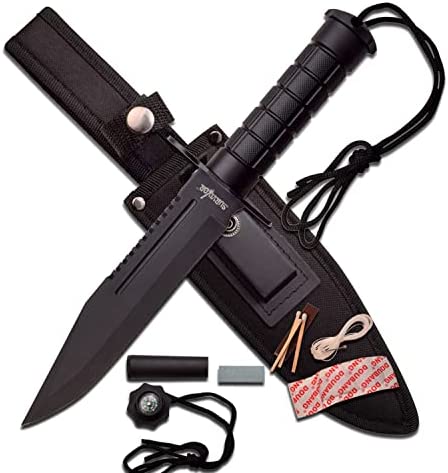 Survivor – Fixed Blade Knife – Black Stainless Steel Blade, Black ABS Handle w/ Survival Kit and Compass, Metal Pommel, Nylon Sheath – Prep, Survive, Thrive, Camping, Hunting, Outdoors – HK-793BK