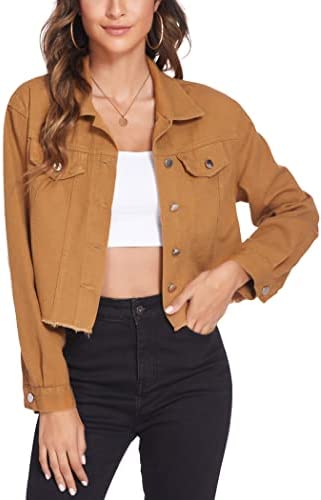 HOTLOOX Women’s Denim Jacket Long Sleeve Cropped Oversize Vintage Boyfriend Button Down Loose Jeans Coat S-XXL