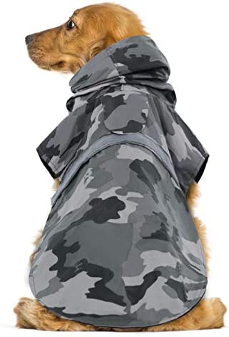 KOESON Dog Raincoat Waterproof Pet Rain Jacket, Reflective Adjustable Dog Rain Poncho Slicker with Leash Hole, Camouflage Lightweight Rainproof Hoodie Clothes for Medium Large Dogs Grey L