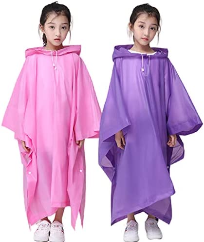Rain Poncho for Kids (2 Pack), Reusable EVA Raincoat Child Emergency Ponchos Rain Jacket with Hood for 6-14 Girls Boys