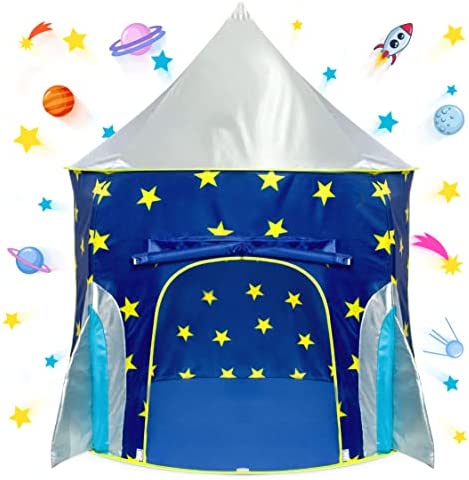 USA Toyz Rocket Ship Pop Up Kids Tent – Spaceship Rocket Indoor Playhouse Tent for Boys and Girls with Included Space Projector Toy and Kids Tent Storage Carry Bag