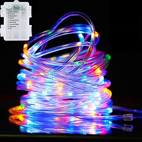 LED Rope Lights Battery Operated, 33Ft 100 LEDs Outdoor/Indoor Waterproof Fairy Lights 8 Modes Dimmable/Timer with Remote Control for Christmas Camping Party Garden Holiday Decoration (Multi-Color)