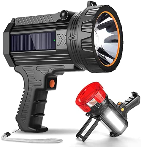 YIERBLUE Rechargeable Spotlight Flashlight with Solar Panels, 100000 High Lumen Outdoor Handheld Spot Lights and Flood Light, Foldable Stand and 3 Colors Lenses for Boating Hunting and Camping