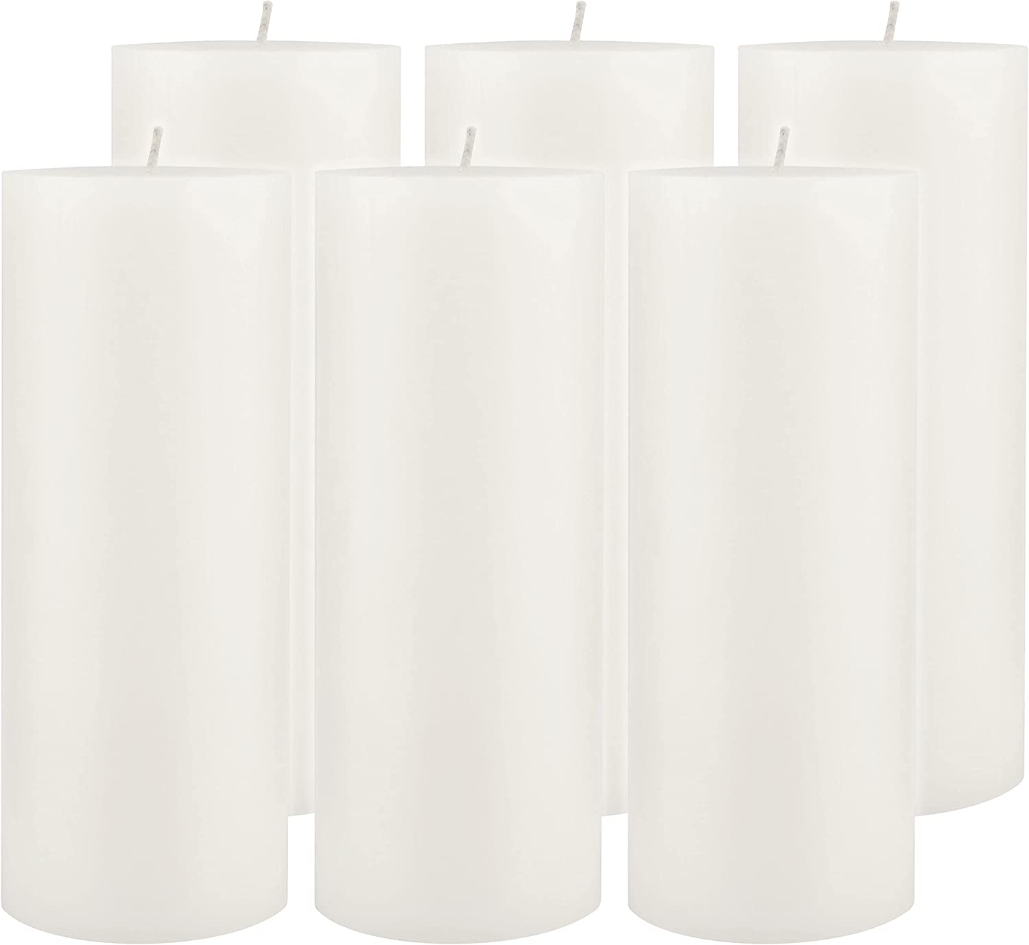 Stonebriar Tall 3 x 8 Inch 110 Hour Long Burning Unscented Wax Flat Top Pillar Candles, White, 6 Pack