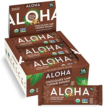ALOHA Organic Plant Based Protein Bars – Chocolate Chip Cookie Dough – 12 Count, 1.9oz Bars – Vegan Snacks, Low Sugar, Gluten-Free, Low Carb, Paleo, Non-GMO, Stevia-Free, No Sugar Alcohols