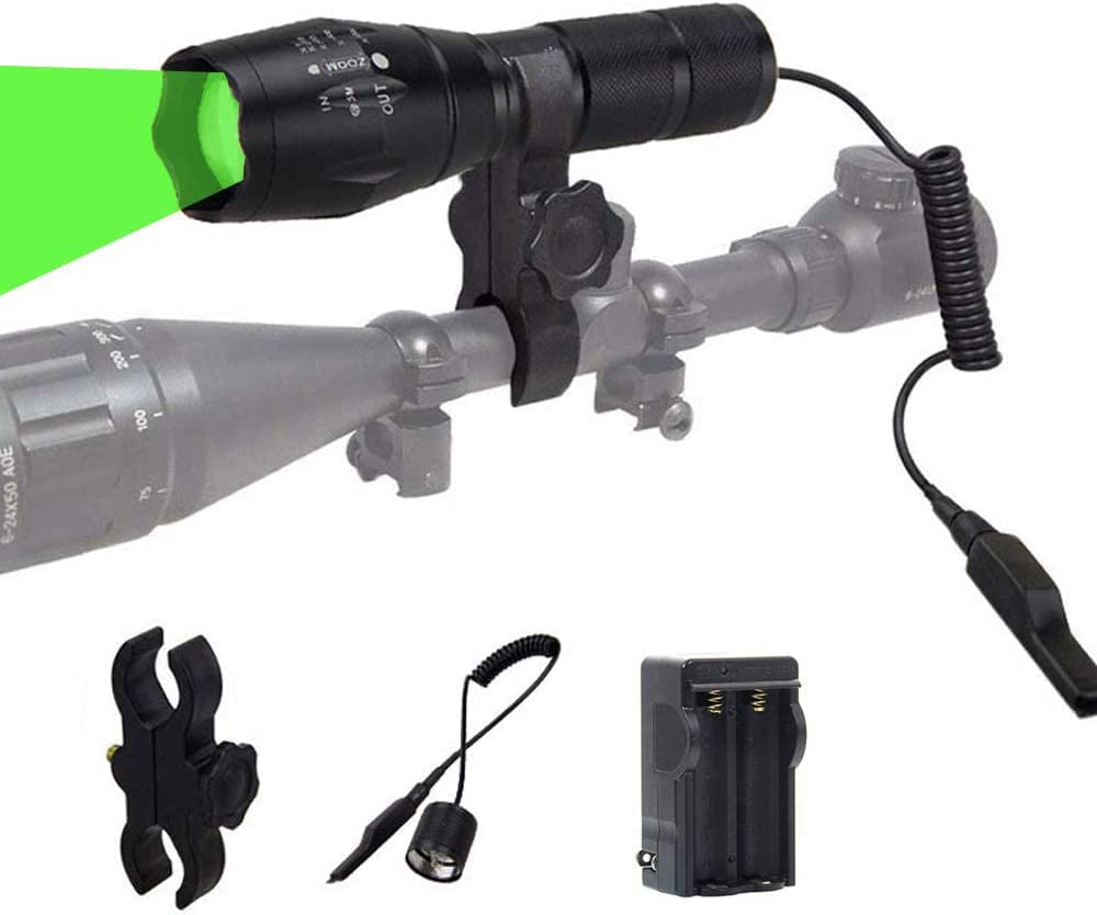 WINDFIRE Green LED Light 300 Yards Tactical Flashlight Zoomable Spot Flood Light Torch Coyote Hog Fox Predator Varmint Hunting Lamp Kits with Pressure Switch, Scope Mount