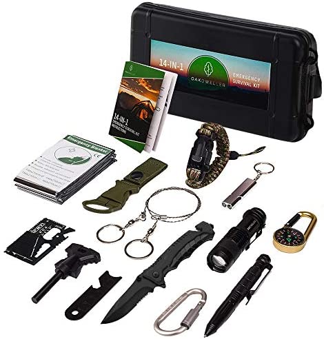 Oak Dweller Emergency Survival Kit 14 in 1, EDC Survival Gear Tool with Fire Starter, Tactical Pen, Flashlight, for Camping, Hiking, Any Outdoor Adventure or Wilderness, Best Gifts for Men Dad
