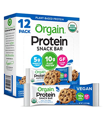 Orgain Organic Plant Based Protein Bar, Chocolate Chip Cookie Dough – 10g of Protein, Vegan, Gluten Free, Non Dairy, Soy Free, Lactose Free, Kosher, Non-GMO, 1.41 Ounce, 12 Count (Packaging May Vary)