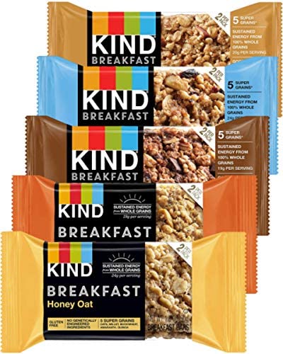 Kind Breakfast Bars Variety 5 Flavors, Dark Chocolate, Blueberry Almond, Honey Oat, Peanut Butter, Almond Butter. 12 Pack – 24 Bars In Sanisco Packaging.