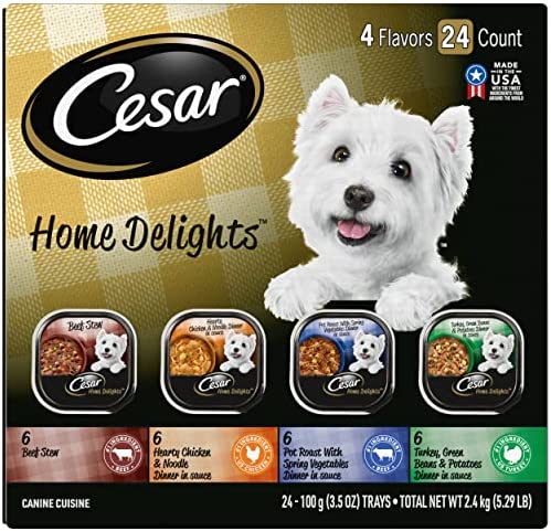 CESAR HOME DELIGHTS Soft Wet Dog Food Pot Roast & Vegetable, Beef Stew, Turkey Potato & Green Bean, and Hearth Chicken & Noodle Variety Pack, (24) 3.5 oz. Easy Peel Trays