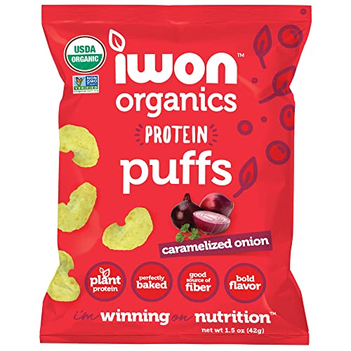 IWON Organics Caramelized Onion Flavor Protein Puff, High Protein and Organic Healthy Snacks, 8 Bags