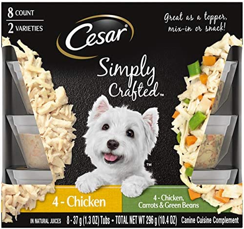 CESAR Simply Crafted Adult Wet Dog Food Meal Topper Variety Pack, Chicken and Chicken, Carrots & Green Beans, (8) 1.3 oz. Tubs