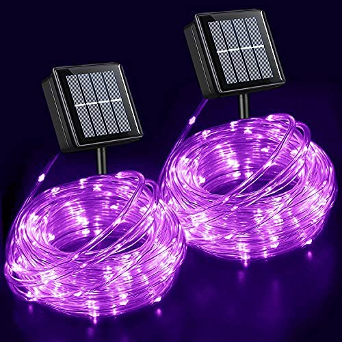 YEGUO Purple Solar Christmas Lights, 2 PCS Total 66ft 200 LED Rope Lights Outdoor Waterproof, PVC Tube Purple Fairy String Lights for Pool Balcony Tree Garden Yard Fence Party Xmas Decorations