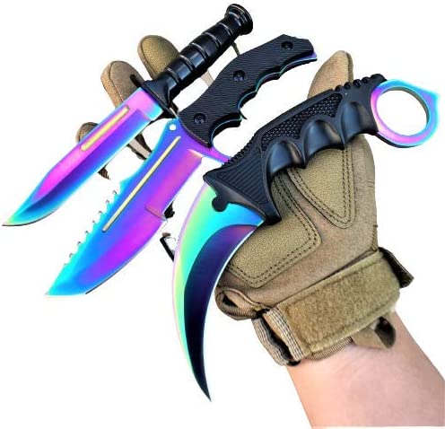 Tactical Knife Survival Knife Hunting Knife Fixed Blade Knife Combo Razor Sharp Edge Camping Accessories Camping Gear Survival Kit Survival Gear Tactical Gear 52319 (Rainbow)