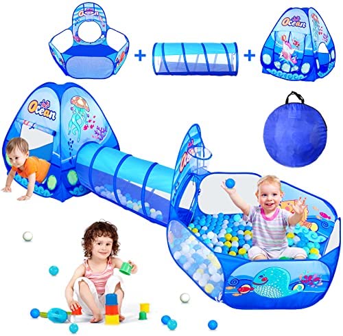 PigPigPen 3 in 1 Kids Play Tent with Play Tunnel, Ball Pit, Basketball Hoop for Boys & Girls, Toddler Pop Up Playhouse Toy for Baby Indoor/Outdoor, Gift for Year Old Child (3 in 1 Kids Play Tent)